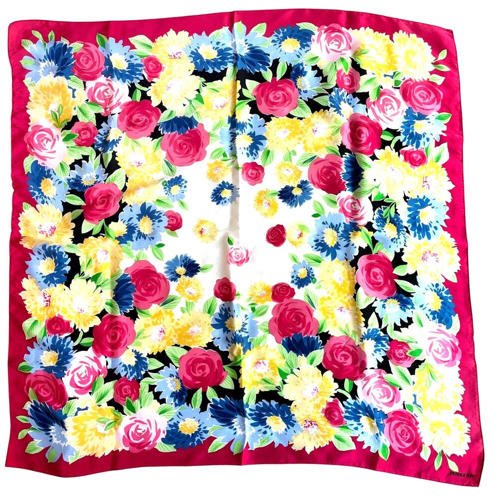 Vintage Pendleton silk scarf colorful floral square pink yellow watercolor motif